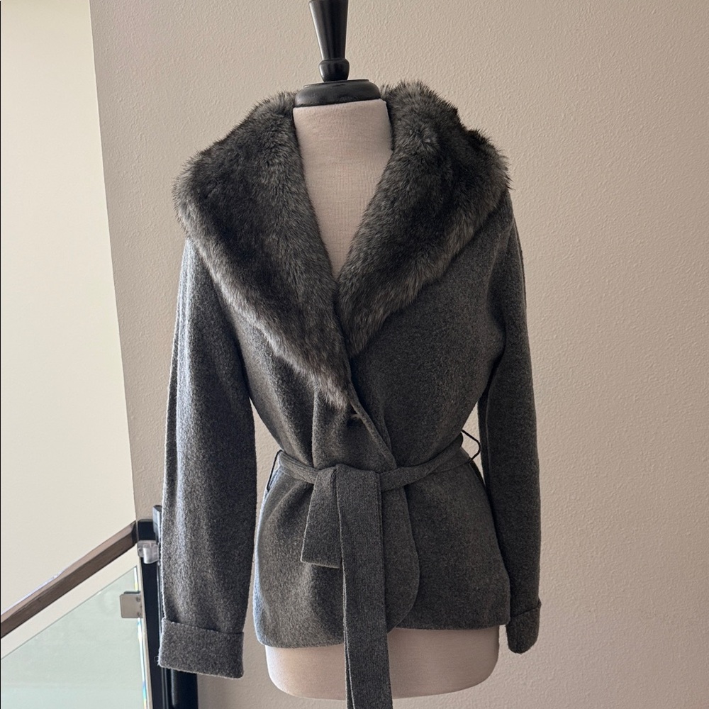 Anthropologie Belted Cardigan with faux fur collar